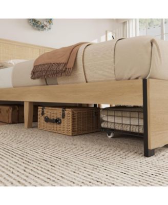 Queen Platform Bed Rattan Headboard LED Storage Baskets Farmhouse Metal Frame Noise-Free Wooden Slats No Box Spring