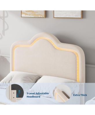 Upholstered Princess Platform Bed Frame with RGB LED Lights, Adjustable Velvet Headboard, Wooden Slat Support, No Box Spring Needed.