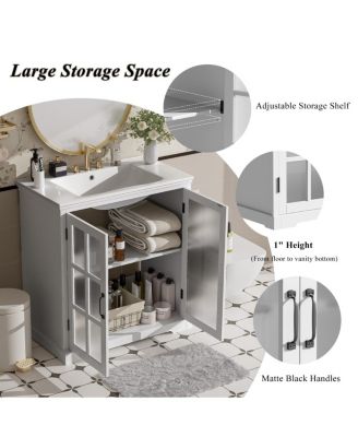 30'' Bathroom Vanity with Ceramic Sink, Tempered Glass Doors, Large Storage & Rubber Wood Frame for Modern Bathrooms