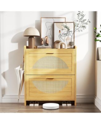 2 Flip-Drawer Shoe Storage Cabinet - Free Standing Narrow Organizer with Rattan Doors for Entryway and Hallway