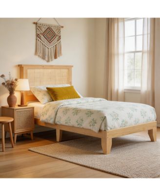 Rattan Bed Frame with Solid Wood Foundation & Natural Rattan Headboard and LED Lights