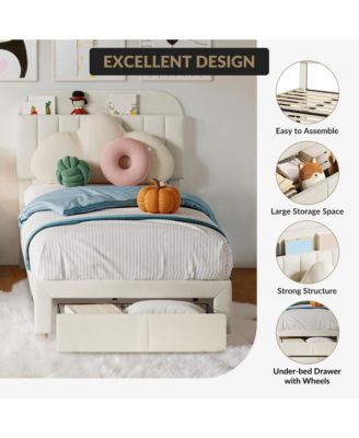 Twin Size Upholstered Platform Bed with Storage Drawer and Bookcase Headboard- Easy Assembly- Noise-Free- No Box Spring Needed