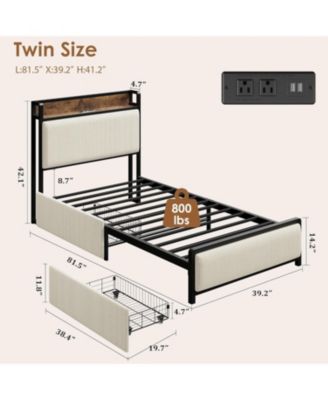 Bed Frame 2 Storage Drawers Charging Station Linen Upholstered Platform Headboard Heavy Duty Noise Free No Box
