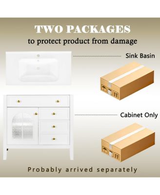 Bathroom Vanity with Sink, Medieval Glass Doors, Motion Sensor Lighting, Flip Drawer & Adjustable Storage for Modern Homes