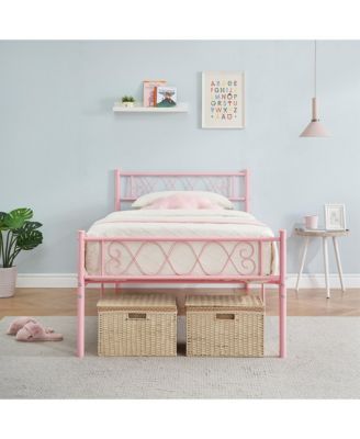 Twin Size Bed Frame Metal Platform with Headboard Footboard Strong Slats Under Storage No Box Spring Easy