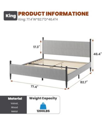 King Bed Frame with Velvet Upholstered Corduroy Headboard, Wooden Slats Support and Heavy-Duty Platform Design