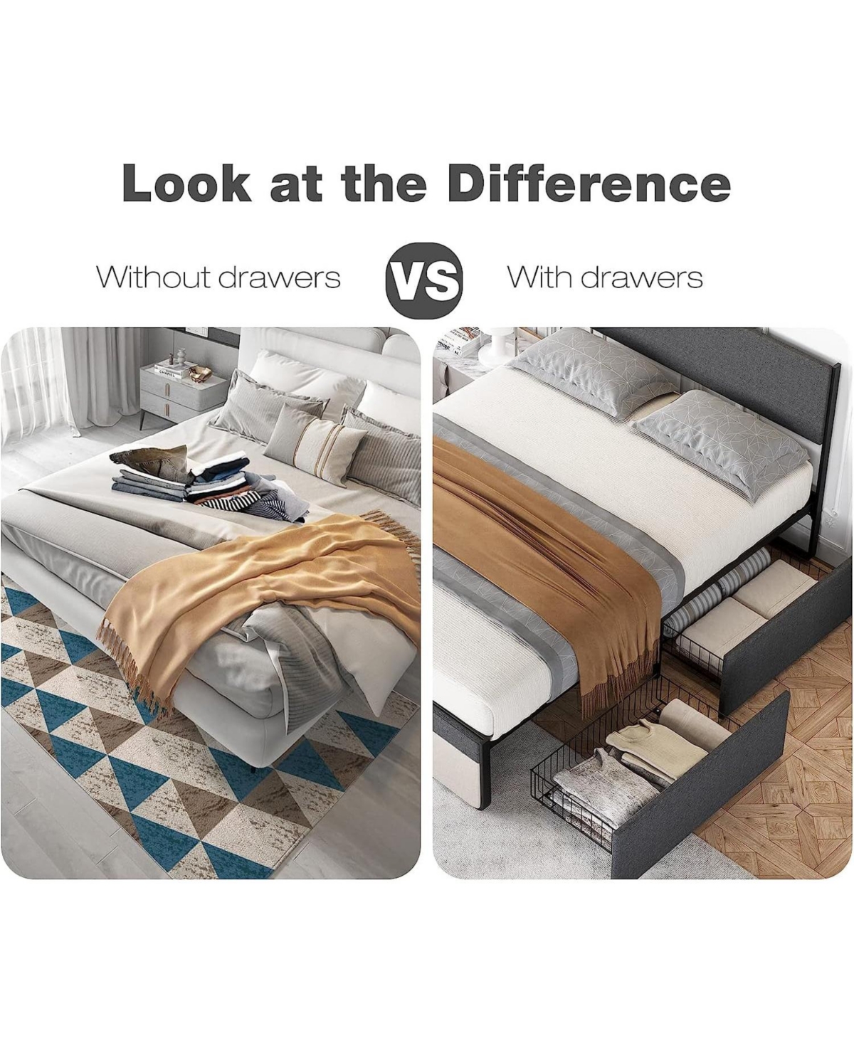 gaomon Upholstered Platform Bed Frame with Adjustable Headboard and 2 Drawers- Steel Slat Support- No Box Spring Needed- Space-Saving