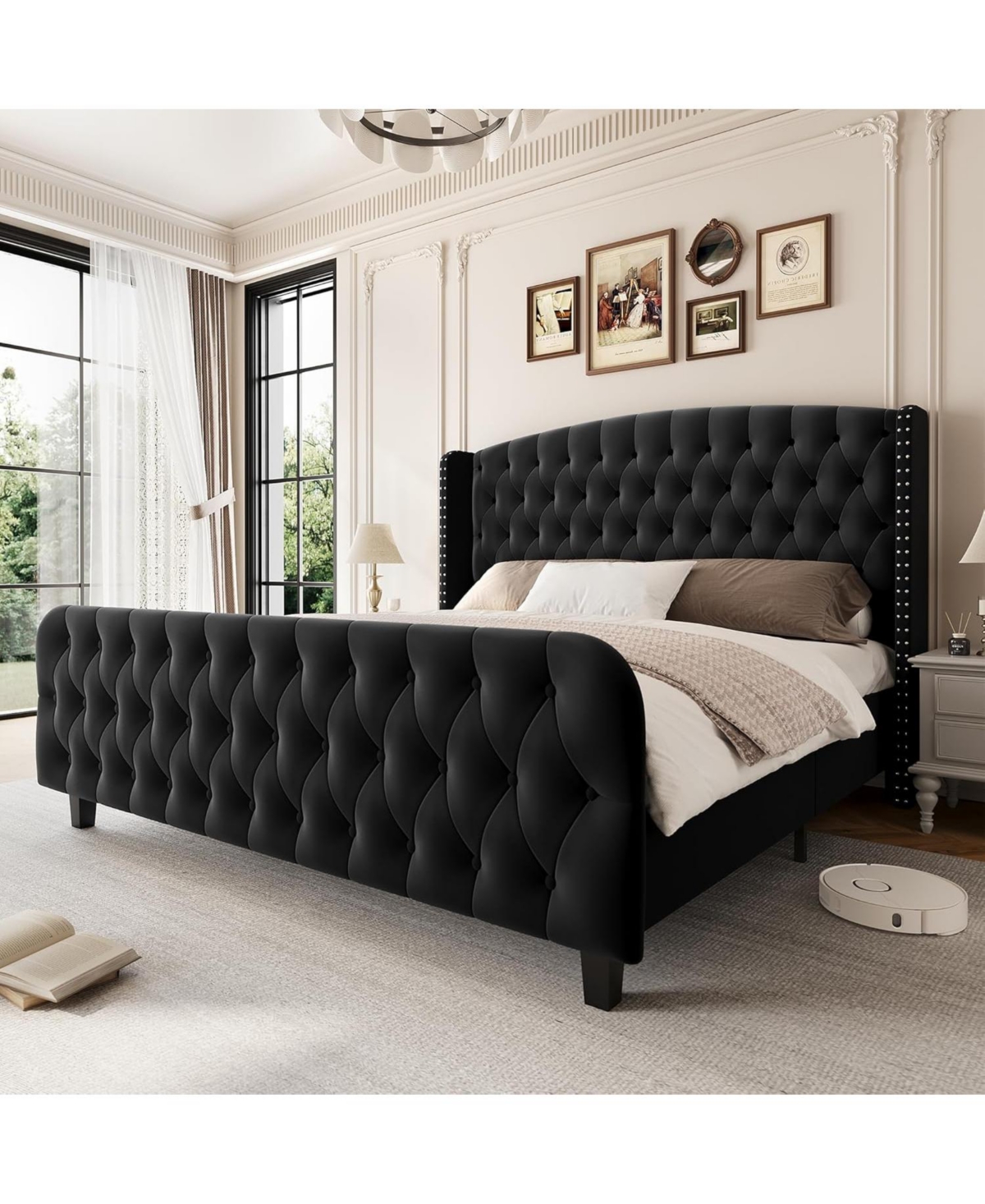 gaomon Bed Frame with Deep Button Tufted Wingback Headboard and Footboard, Velvet Upholstered Platform Bed Frame, No Box Spring Needed