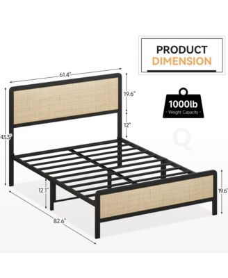Queen Size Platform Bed Frame with Rattan Headboard and Footboard- Black Metal Frame- No Box Spring Needed- Noise-Free- Easy Assembly