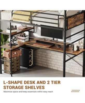 Loft Bunk Bed with L-Shaped Desk Twin Loft Under-Desk Workspace Metal Bunk Ladder High Guardrail Easy Assembly