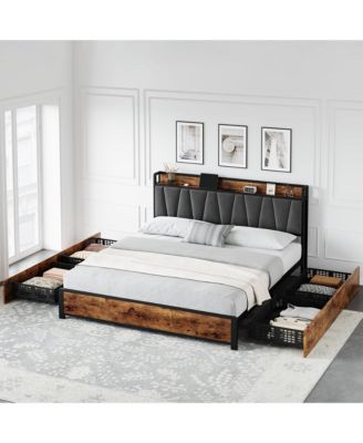 Linen Upholstered Platform Bed 4 Drawers Charging Station Vintage Headboard Wooden Slats No Box Spring Easy Assembly