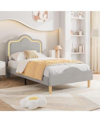 Bed Frame Adjustable LED Headboard Velvet Upholstered Princess Platform Wooden Slats No Box Spring