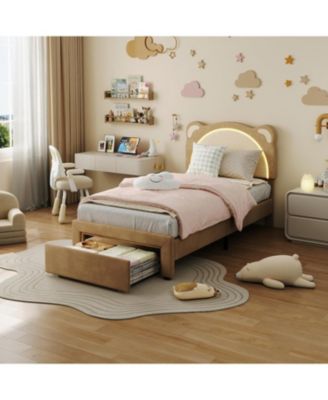 Upholstered Platform Bed Adjustable LED Headboard Storage Drawer Wooden Slats No Box Spring.