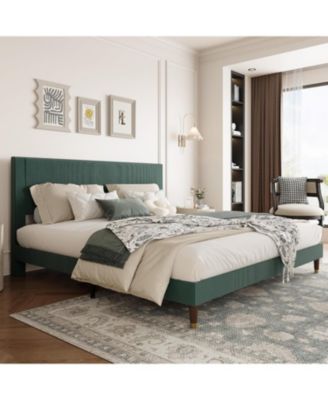 Upholstered Platform Bed Fabric Headboard Wooden Metal Slats Noise-Free Easy Assembly No Box Spring.