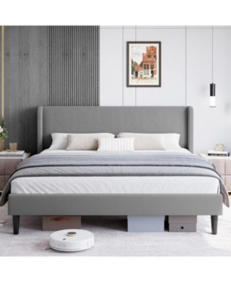 Queen Bed Frame with Headboard, Upholstered Platform Bed with Wood Slat Support, Sturdy Support Feet