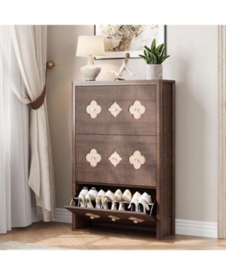 Shoe Cabinet with 3 Carved Flip Drawers, Crystal Handles, Shoe Storage Cabinet with Adjustable Shelf, Wooden Organizer