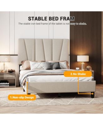 Full Size Bed Frame with Adjustable Headboard, Linen Upholstered Platform Bed Frame with Strong Wooden Slats, Noise Free, No Box Spring Needed