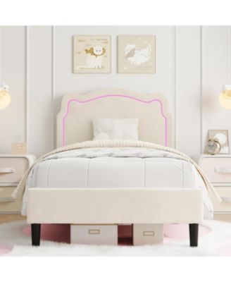 Upholstered Bed Frame with Smart LED and Adjustable Bear Headboard, Velvet Princess Platform Bed, Wooden Slats Support Kids Bed