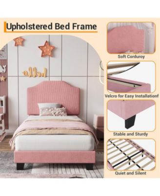 Bed Frame Corduroy Upholstered Adjustable Headboard Wooden Slats Noise-Free No Box Spring