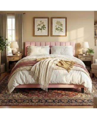 Bed Frame with Adjustable Height Vertical Channel Tufted Headboard, Upholstered Platform Bed Frame with Sturdy Wooden Slats Support