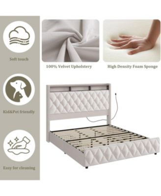 PU Leather Upholstered Bed Frame with 4 Storage Drawers, USB Charging Station & LED Lights