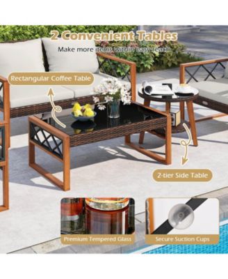 5 PCS PE Wicker Patio Furniture Set w/Acacia Wood Frame Cushions for Deck Garden