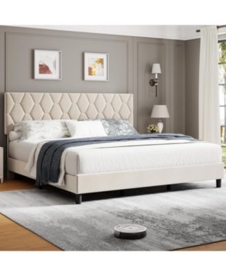Platform Bed Heavy-Duty Upholstered Headboard Wooden Slats No Box Spring Easy Assembly Noise Free