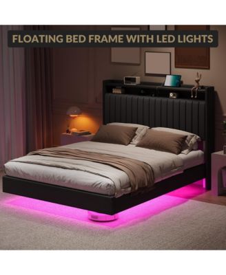 Floating Bed Frame Queen RGB LED Lights Charging Station 50” Leather Headboard Upholstered Storage No Box