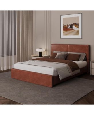 Upholstered Platform Bed Frame with 2 Storage Drawers, Faux Leather Low Profile Bed Base with Wood Slat Support