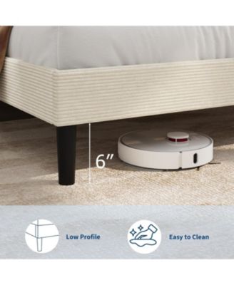 Queen Size Bed Frame with USB Charging Station, Corduroy Upholstered Platform Bed Frame with Adjustable Storage Headboard, Wooden Slats Support