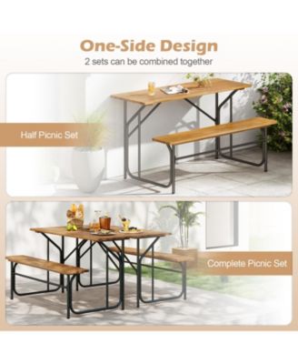 Patio Table Bench Set for 2 Picnic Table & Loveseat w/Acacia Wood Top Metal Legs