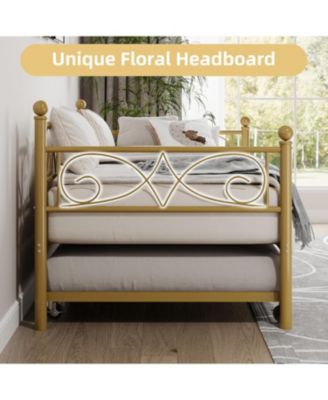 Twin Daybed with Trundle Space-Saving Gold Metal Frame Storage Clearance Heavy Duty Slats Elegant Design