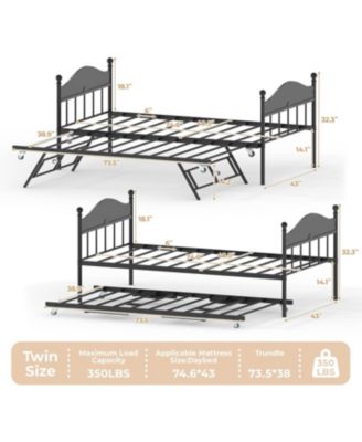 Daybed With Trundle, Metal Twin Day Bed With Stylish Headboard, Sofa BedFrame With Pop Up Foldable Trundle Bed, Heavy Duty Steel Slats Platform