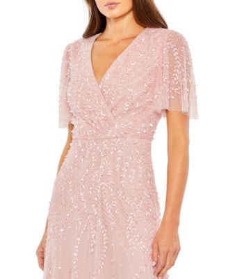Women's Beaded Wrap Over Butterfly Sleeve Dress