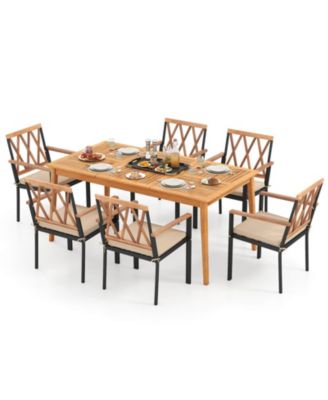 Set Of 7 Patio Acacia Wood Dining Set w/ Soft Seat Cushions Umbrella Hole Outdoor