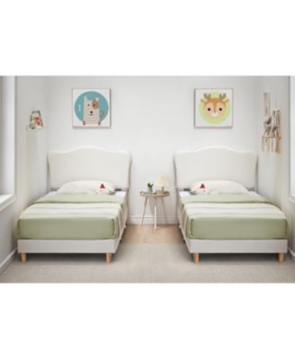 Upholstered Twin Size Bed Frame for Kids with Scallop Headboard, Cute Velvet Twin Bed for Girls, Boys, Sturdy Platform Bed, Noise Free, Beige