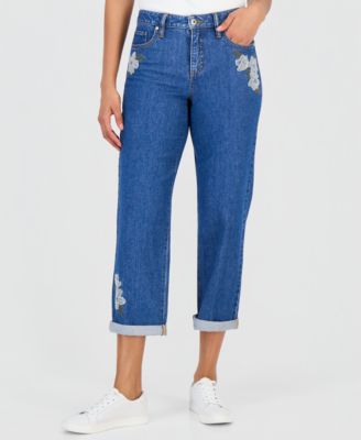 Women's Embroidered Mid Rise Relaxed Straight-Leg Jeans