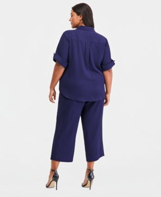 Plus Size Collared Button-Front Shirt & Pull-On Crop Straight-Leg Pants