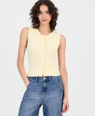 Juniors' Pointelle Knit Crewneck Cropped Vest