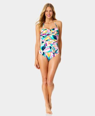 Women's Twist-Front Shirred Bandeau Neck One-Piece Swimsuit