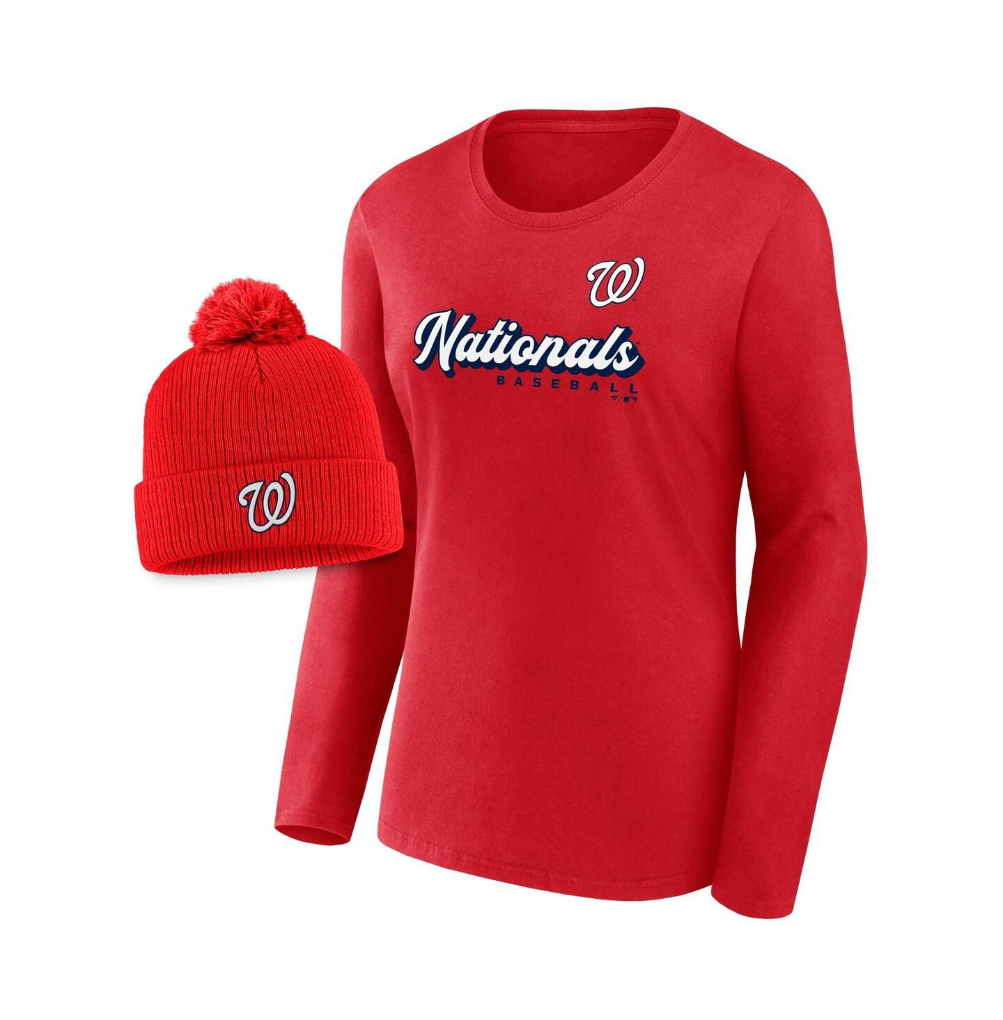 Женские комплекты Fanatics Red Washington Nationals Run The Bases Long Sleeve T-Shirt & Cuffed Knit Hat with Pom Combo Set — фото 1