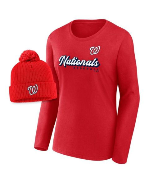 Женские комплекты Fanatics Red Washington Nationals Run The Bases Long Sleeve T-Shirt & Cuffed Knit Hat with Pom Combo Set
