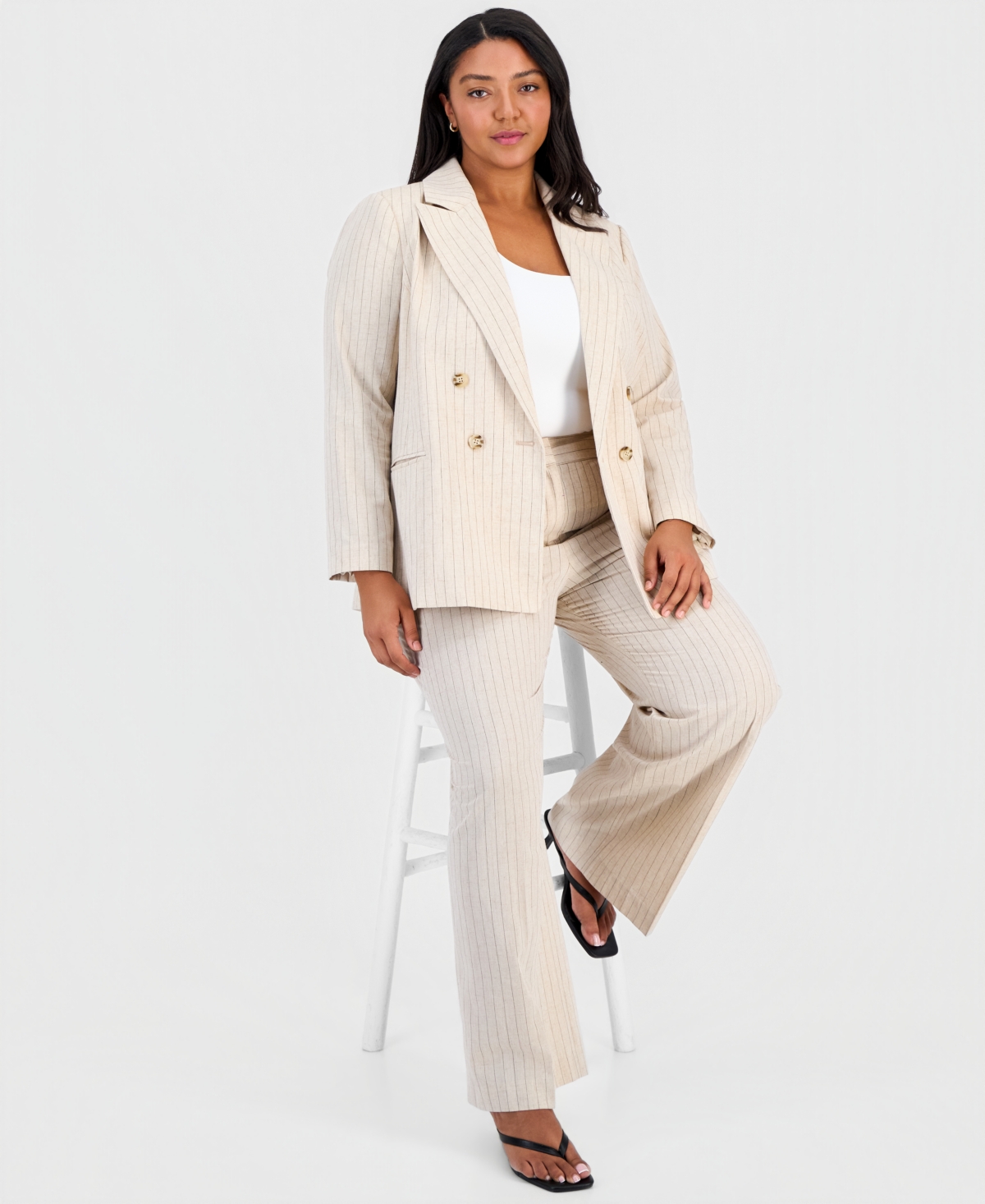 Tahari Asl Plus Pinstripe Double-Breasted Blazer