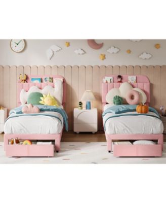 Twin Bed Frame for Kids, Upholstered Platform Bed with Large Storage Drawer and Bookcase Headboard