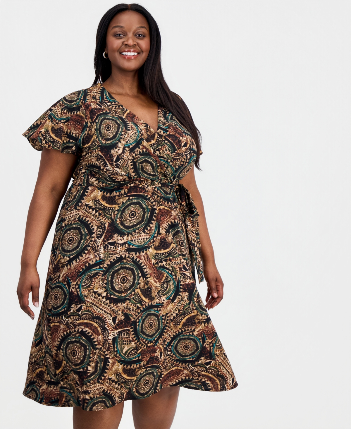 Connected Plus Printed Faux-Wrap Flutter-Sleeve Dress