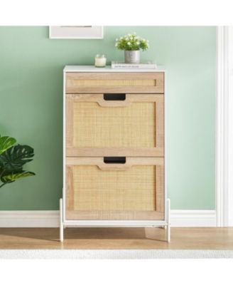 2PCS Of Shoe Cabinet with 4 Deep Flip Drawers Base Freestanding Wooden Shoe Storage Cabinet with Rattan Door and 3-Tier Adjustable Shelves