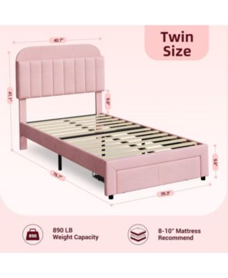Set of 2 Bed Frame for Kids - Velvet Upholstered Platform Bed with Storage Bookcase Headboard & Large Drawer, Girls Bed, Noise-Free
