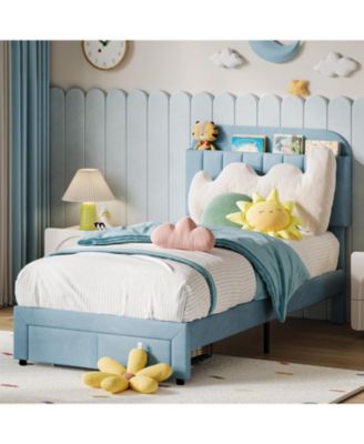 Twin Bed Frame for Kids, Upholstered Platform Bed with Large Storage Drawer and Bookcase Headboard