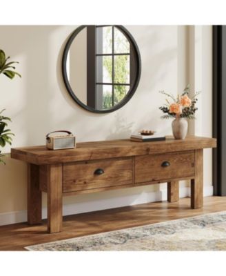 Solid Wood Entryway Bench with 2 Drawers, 55" Farmhouse Long Bench End of Bed Stool with Open Storage Shelves