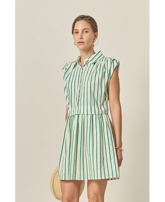 Women's Striped Pleated Shoulder Shirt Mini Dress